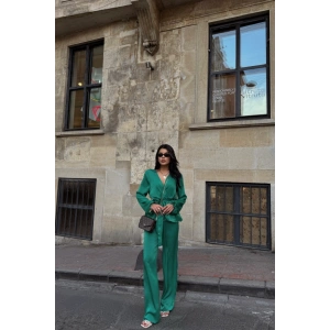 SATEN KRUVAZE BAĞLAMALI BLUZ- PANTOLON TAKIM - Yeşil