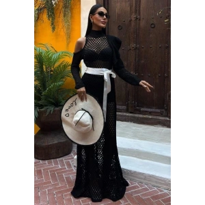 Saten Kuşaklı Ajurlu Triko Elbise 2847