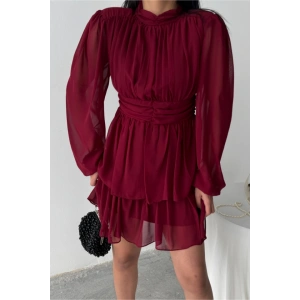 ŞİFON KATLI UZUN KOL ELBİSE - Bordo