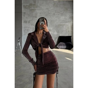 SİMLİ KUMAŞ BAĞLAMA DETAYLI CROP BLUZ -KISA BÜZGÜ DETAYLI ETEK - Bordo