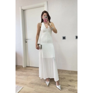 Sırt Dekolteli Uzun Kollu Elbise - Beyaz