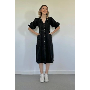 Siyah Balon Kol Kot Elbise