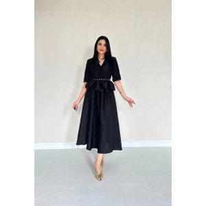 Siyah İnce Kemerli Fırfırlı Ceket Ve Büzgülü Etek Takım