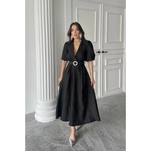 Siyah Işıltılı Kemerli Kruvaze Elbise