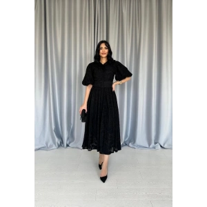 Siyah Kemerli Balon Kollu Elbise