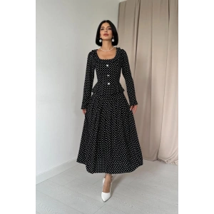 Siyah Puantiye Desenli Volanlı Elbise