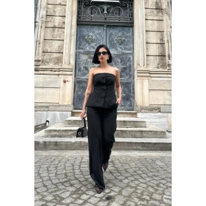 Siyah Straplez Düğmeli Crop Ve Pantolon Takım