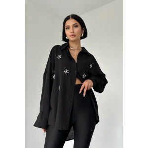 Siyah Taş İşlemeli Gömlek