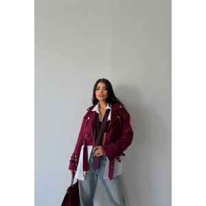 SÜET CROP CEKET KOL 3 KEMER DETAYLI - Bordo