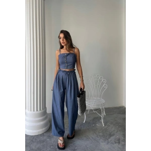TENCEL CROP ASKILI BLUZ - ŞALVAR PANTOLON TK - İndigo