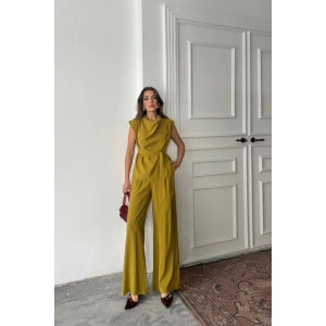 TENCEL MODAL KOLSUZ BLUZ KAPALI CEP DETAYLI DÖKÜMLÜ - PANTOLON TAKIM - Yağ Yeşili