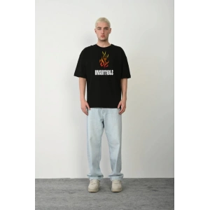 Unisex Bisiklet Yaka Baskılı Oversize T-Shirt - Siyah