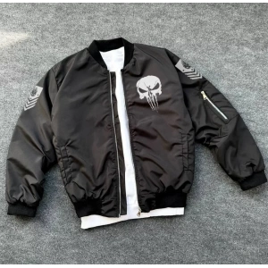 Unisex Uzun Kol Kuru Kafa Baskılı Bomber Ceket - Siyah