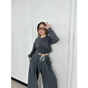 Uzun Kollu Önü İp Büzgülü Crop Ve Pantolon İkili Takım - Antrasit