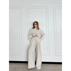 Uzun Kollu Önü İp Büzgülü  Crop Ve Pantolon İkili Takım - Gri