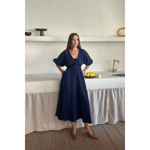 V YAKA DÖKÜMLÜ ELBİSE - Lacivert