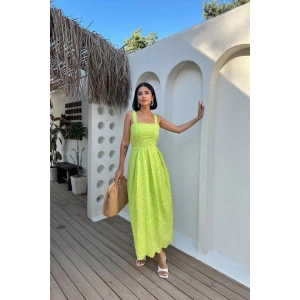 Yağ Yeşili Askılı Aparatlı Brode Elbise