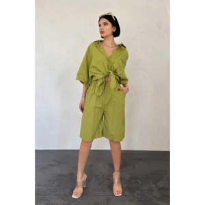 Yağ Yeşili Kısa Kollu Keten Gömlek Ve Şort Takım