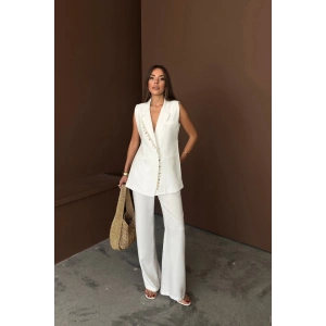 YAKA MİDYE KABUĞU SIRALI YELEK - PANTOLONTAKIM KETEN KUMAŞ - Beyaz