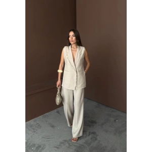 YAKA MİDYE KABUĞU SIRALI YELEK - PANTOLONTAKIM KETEN KUMAŞ - Ham