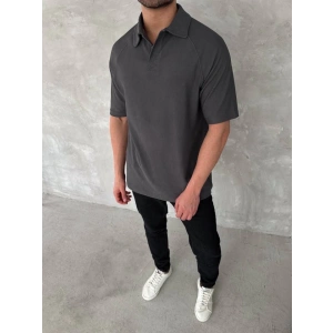 Yakalı Patlı Kısa Kol T-shirt - Antrasit