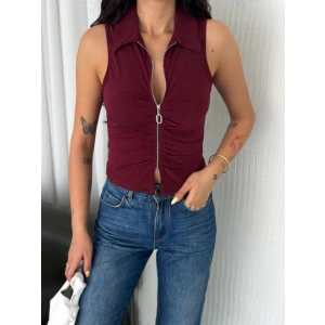 Yakalı Tam Fermuarlı Kolsuz Bluz - Bordo