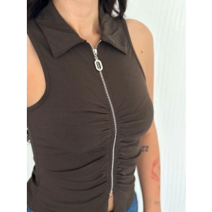 Yakalı Tam Fermuarlı Kolsuz Bluz - Kahverengi