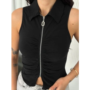 Yakalı Tam Fermuarlı Kolsuz Bluz - Siyah