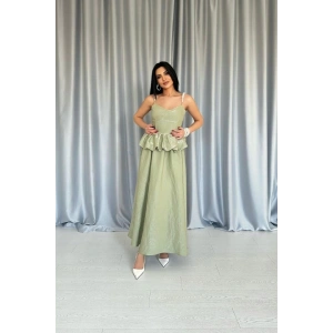 Yeşil Beli Büzgülü İnci Askılı Uzun Elbise