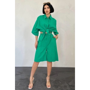 Yeşil Kısa Kollu Keten Gömlek Ve Şort Takım