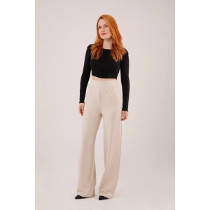 Yüksek Bel Bol Paça Krep Krem Pantolon