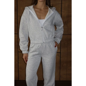 3 iplik şardonlu Kapşonlu fermuarlı kısa üst gri pat8590