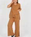 Kadın Pamuklu Büzgülü Bluz ve Pantolon Takımı-Kamel