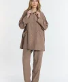 Çift cepli keten oversize italyan ikili takım-Kahverengi