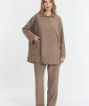Çift cepli keten oversize italyan ikili takım-Kahverengi