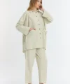 Çift cepli keten oversize italyan ikili takım-Krem