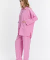 Çift cepli keten oversize italyan ikili takım-Pembe