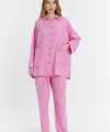 Çift cepli keten oversize italyan ikili takım-Pembe