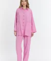 Çift cepli keten oversize italyan ikili takım-Pembe