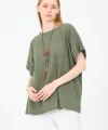 Kadın %100 Pamuklu T-Shirt (Kolye Hediyeli)-Haki