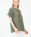 Kadın %100 Pamuklu T-Shirt (Kolye Hediyeli)-Haki