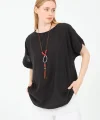 Kadın %100 Pamuklu T-Shirt (Kolye Hediyeli)-Siyah