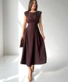 Kadın Kruvaze Bel Detaylı Kolsuz Midi Elbise-Kahve