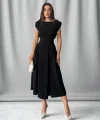 Kadın Kruvaze Bel Detaylı Kolsuz Midi Elbise-Siyah