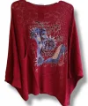 Kadın Merserize Triko Bluz –Oversize Rahat Kalıp, Baskılı Bluz (38-48 Beden) Bordo Bordo