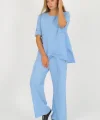 Kadın Pamuklu Büzgülü Bluz ve Pantolon Takımı-Mavi
