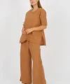 Kadın Pamuklu Büzgülü Bluz ve Pantolon Takımı-Kamel