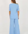 Kadın Pamuklu Büzgülü Bluz ve Pantolon Takımı-Mavi