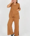 Kadın Pamuklu Büzgülü Bluz ve Pantolon Takımı-Kamel