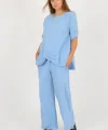 Kadın Pamuklu Büzgülü Bluz ve Pantolon Takımı-Mavi
